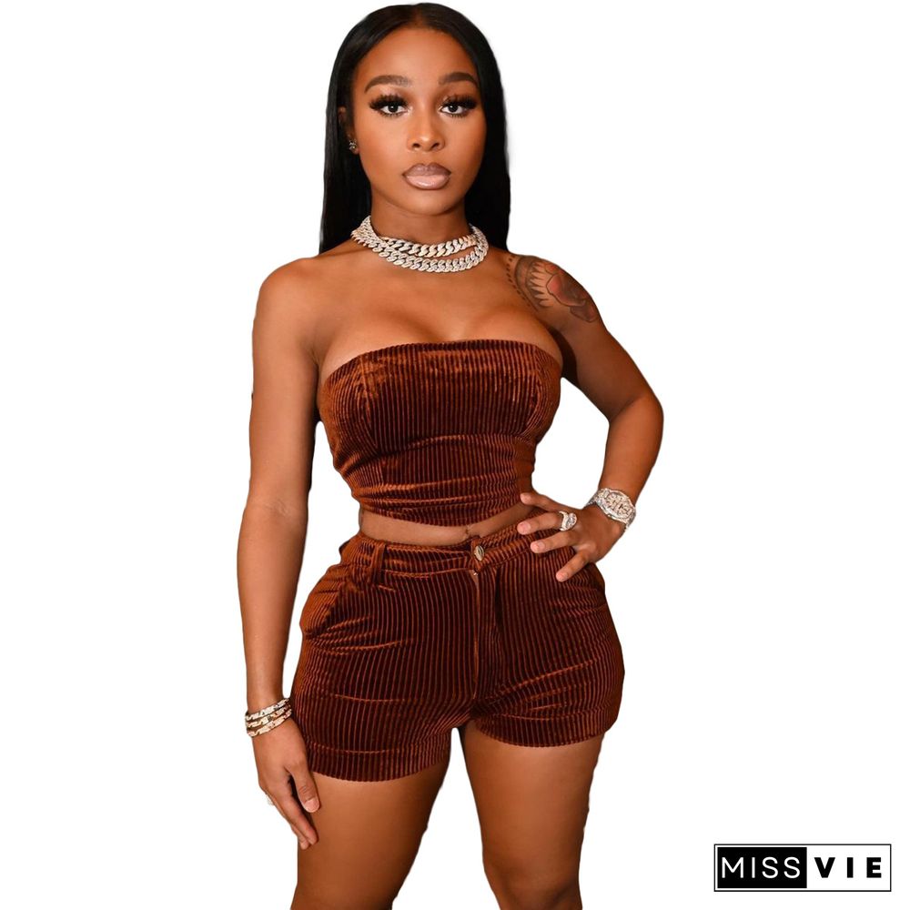 Women Fitness Solid Corduroy Off The Shoulder Strapless Crop Top Skinny Shorts Two Piece Matching Sets