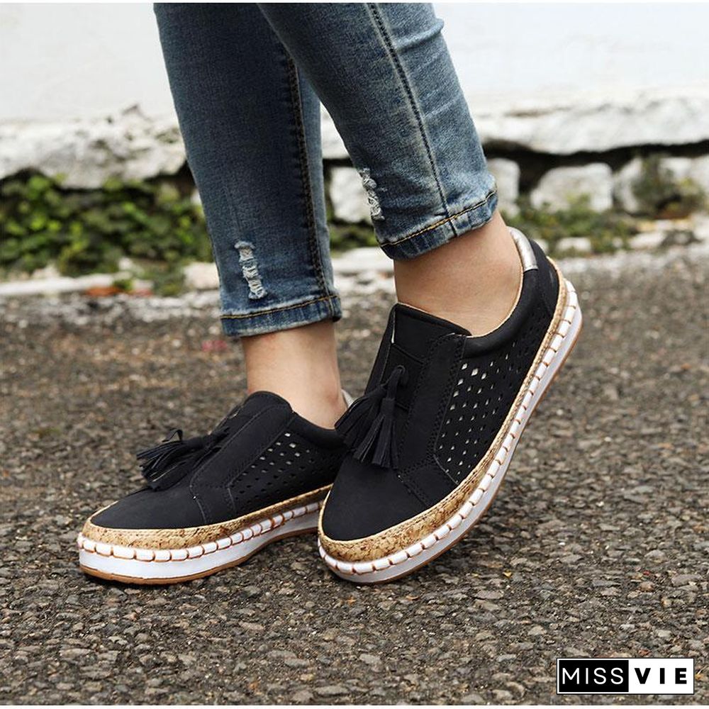 Women Slip On Hollow Out Flats Ladies Breathable Loafers Casual Platform Vulcanized Sewing Sneakers Shoes