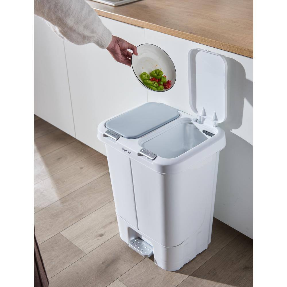 Step N' Sort 11 Gal. White Dual Plastic Trash and Recycling Bin with Slow Close Lid SNS402-W