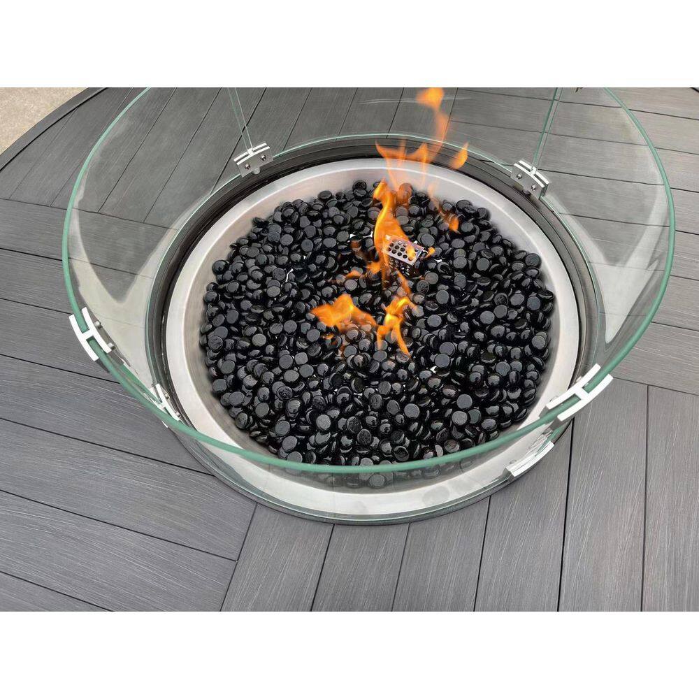 HiGreen Outdoor Manbo 45.67 in. x 24.8 in. Round Aluminum Wicker Outdoor Propane Fire Pit Table with Protective Cover 0190F