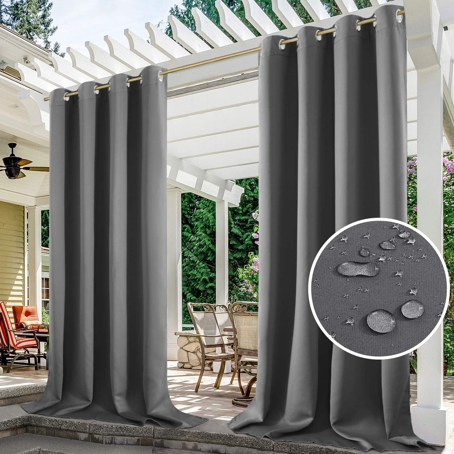 (2 Panel) Upgraded Outdoor Curtain Garden Patio Gazebo Sunscreen Blackout Curtains, Thermal Insulated White Curtains with Grommet | Waterproof& Windproof&UV-protection& Mildew Resistant,Grey 54*84in