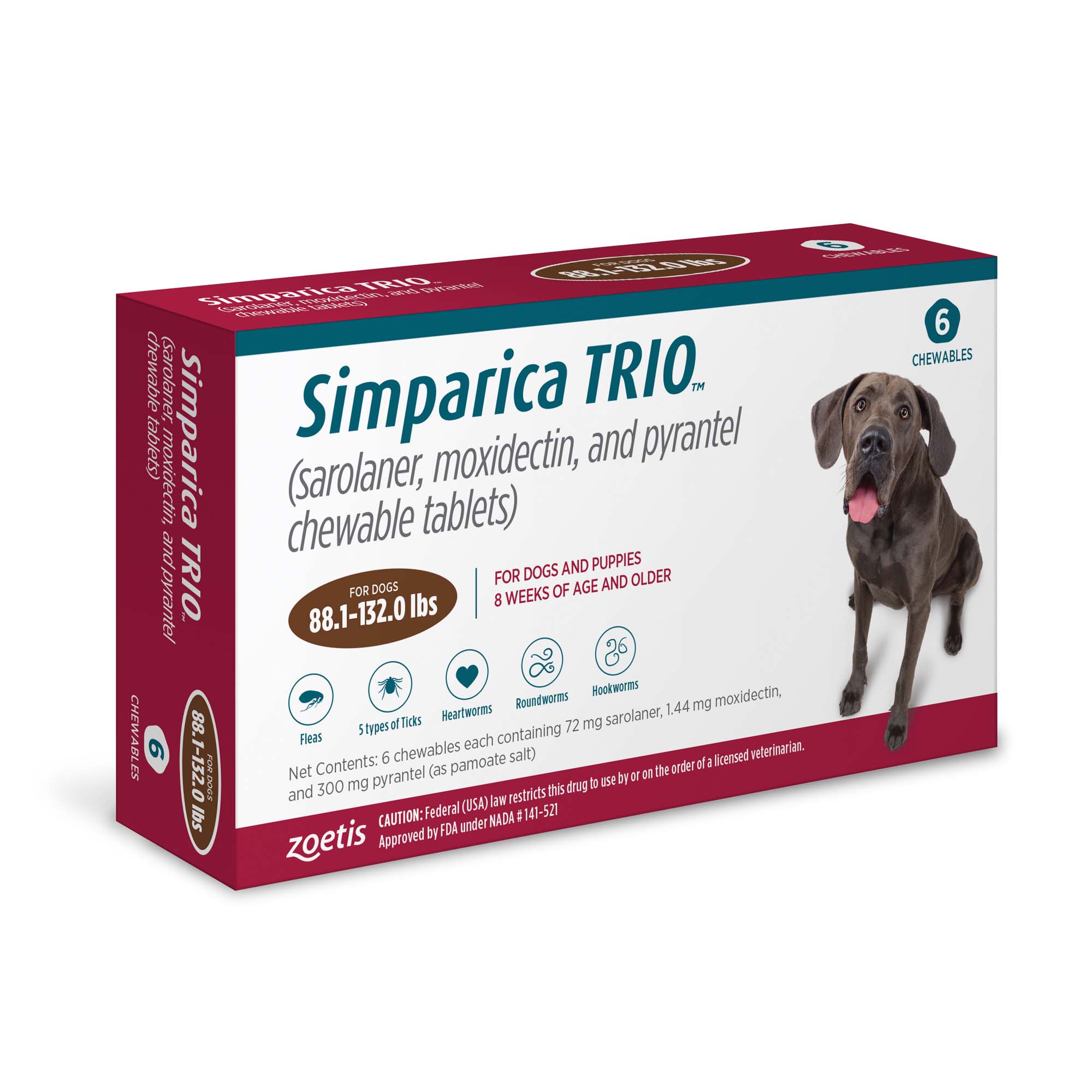 Simparica Trio 88.1-132 lbs. Dogs， 6 Month Supply