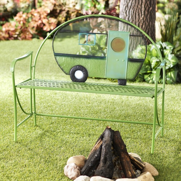 The Lakeside Collection Metal Happy Camper Garden Bench With Rustic Trailer Accent