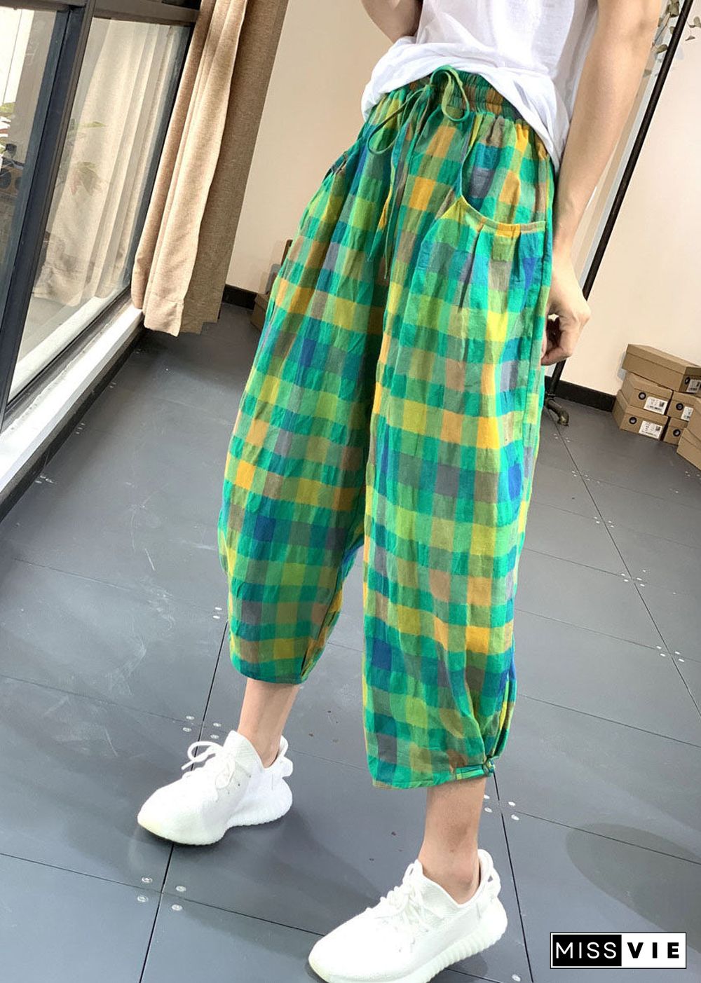 Handmade Green Elastic Waist Pockets Plaid Linen Harem Pants Summer