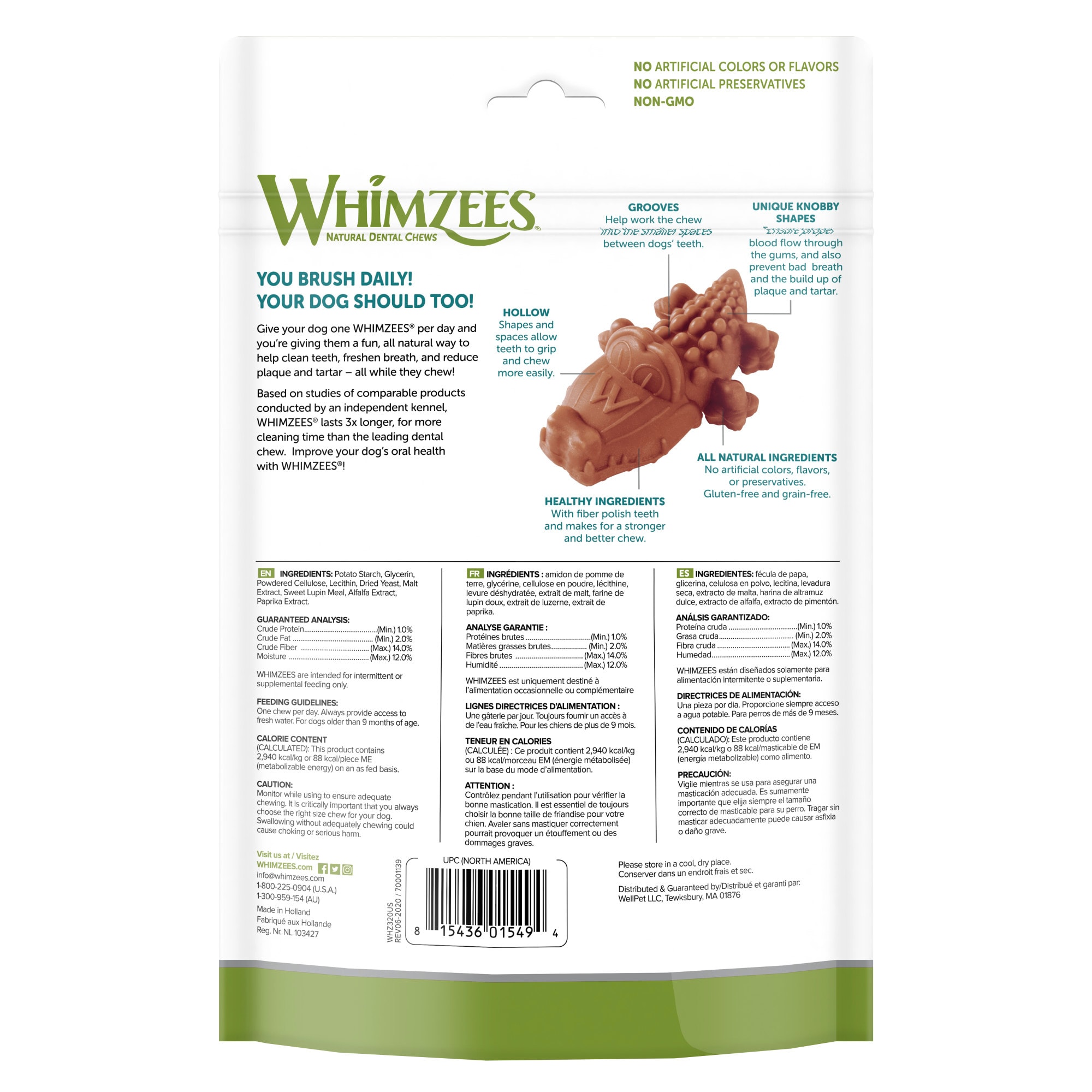 Whimzees Natural Grain Free Daily Dental Long Lasting Alligator Medium Dog Treats， 12.7 oz.