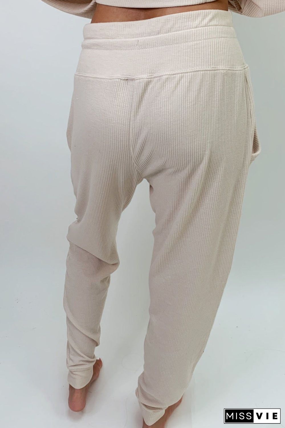 Apricot Ribbed Long Sleeve Drawstring Pants Set