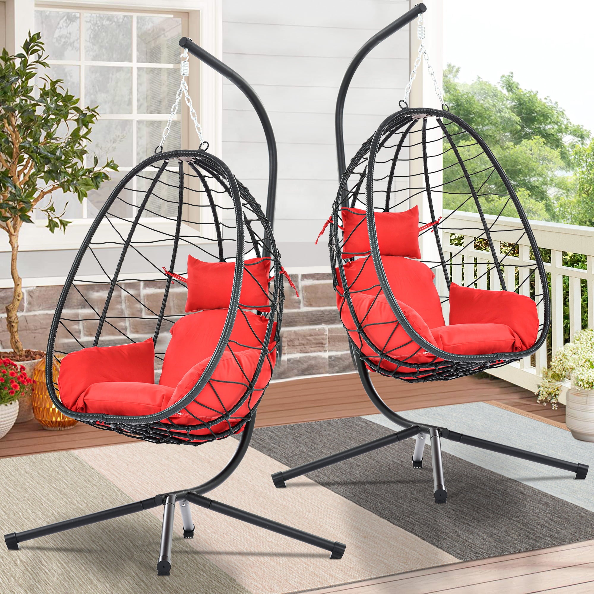 SYNGAR 2 Piece Indoor Outdoor Patio Wicker Hanging Chairs, Swing Hammock Egg Chairs Waterproof Cushions with Steel Frame, 300lbs Capacity for Patio Balcony Bedroom Living Room, Red