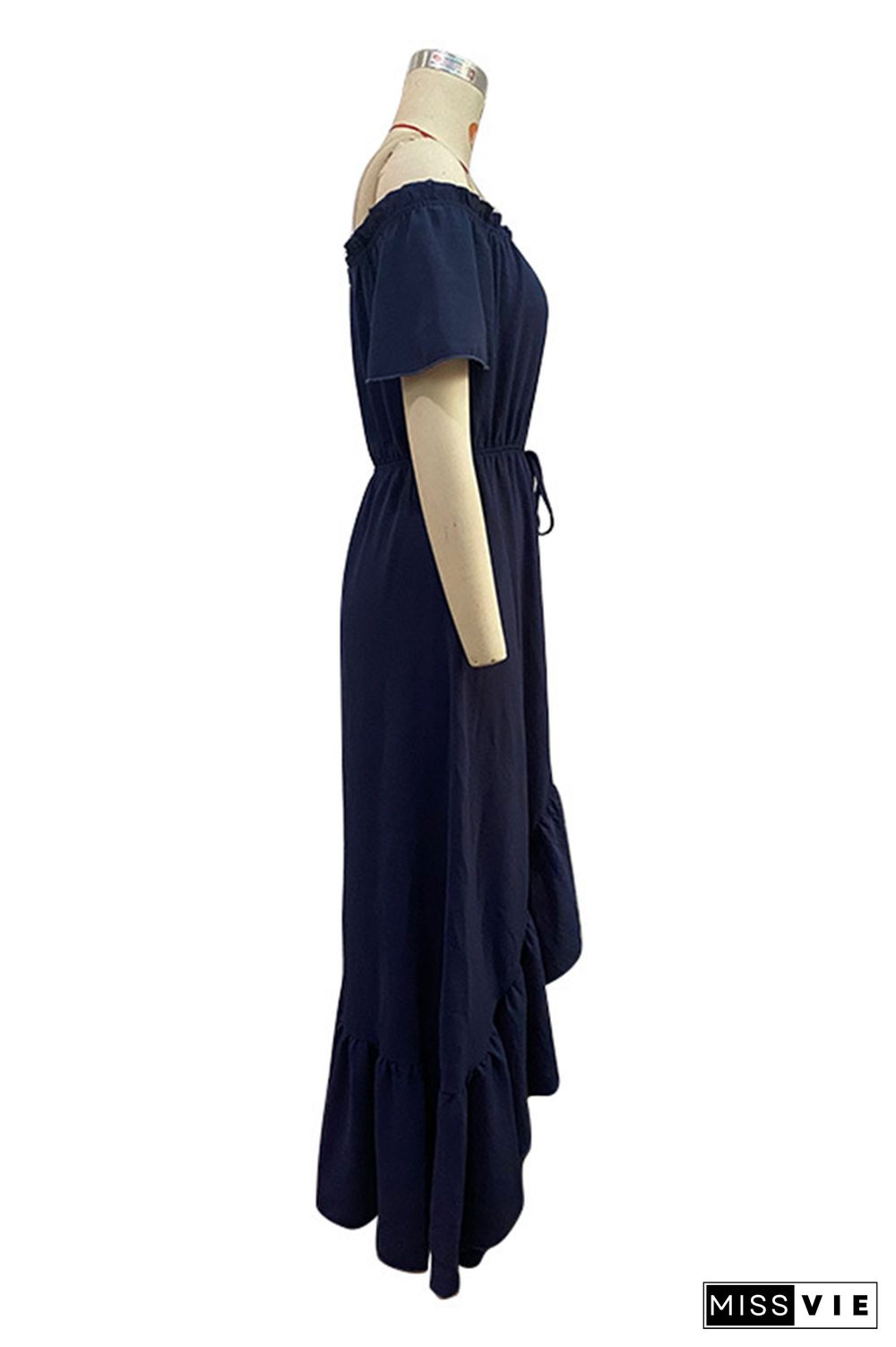 Navy Off Shoulder Button Down Drawstring High Low Ruffle Maxi Dress