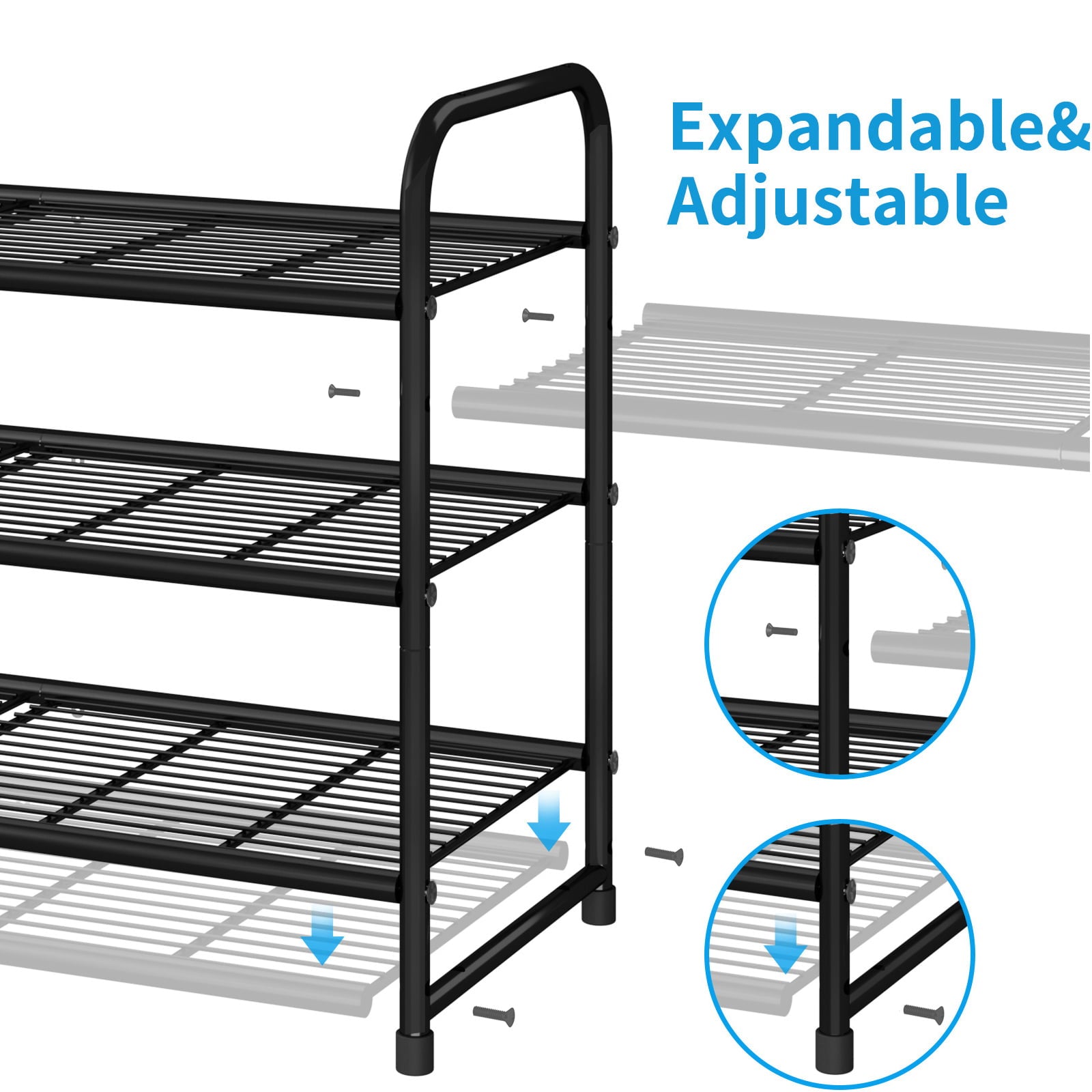 Simple Trending 3-Tier Stackable Shoe Rack， Expandable and Adjustable Shoe Shelf Storage Organizer， Wire Grid， Black