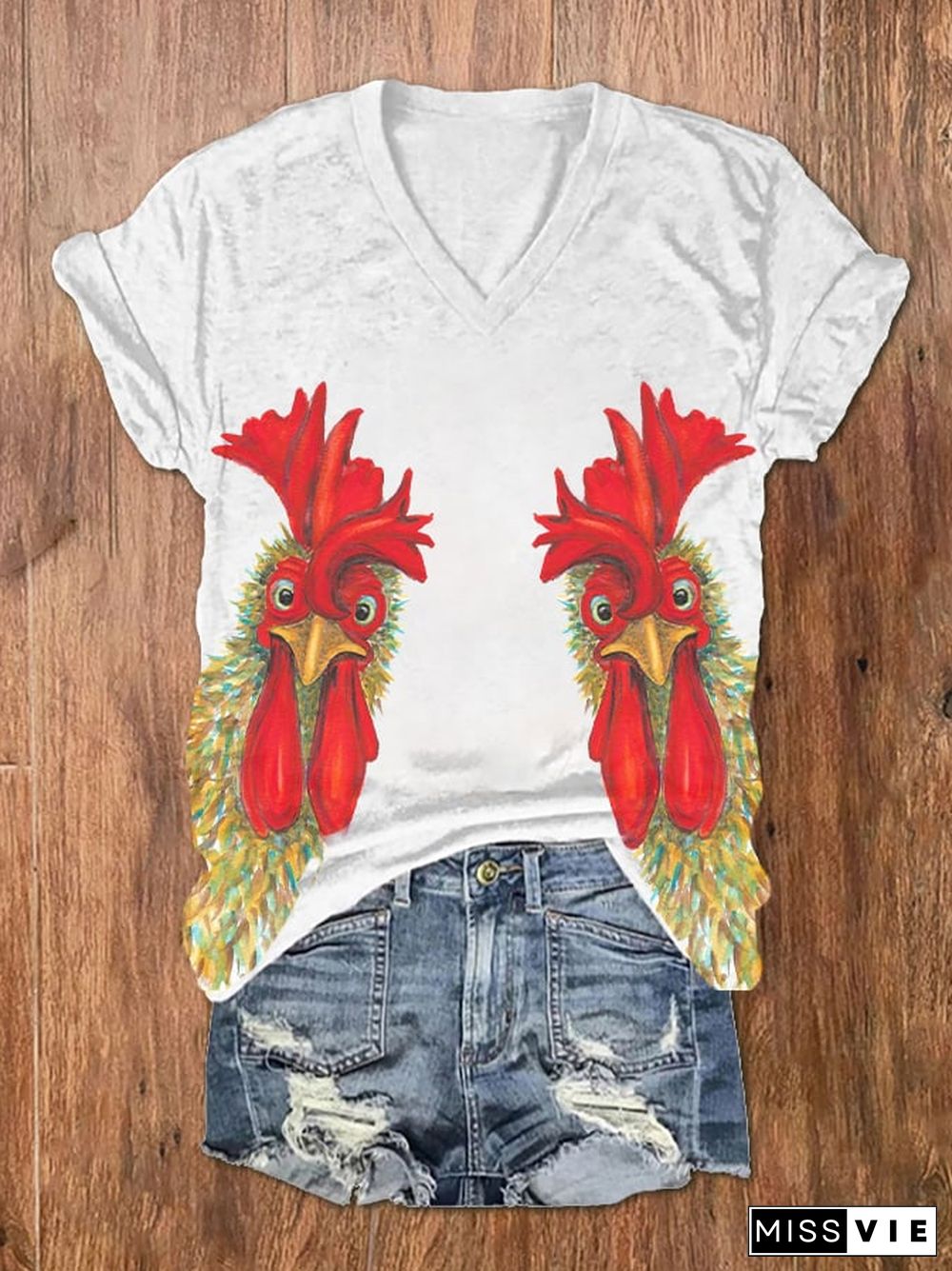 Women's Chicken Print V-Neck Short Sleeve T-Shirt