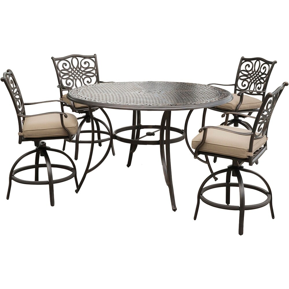 Hanover Traditions 5 Piece High Dining Bar Set in Tan with 56 In. Cast top Table