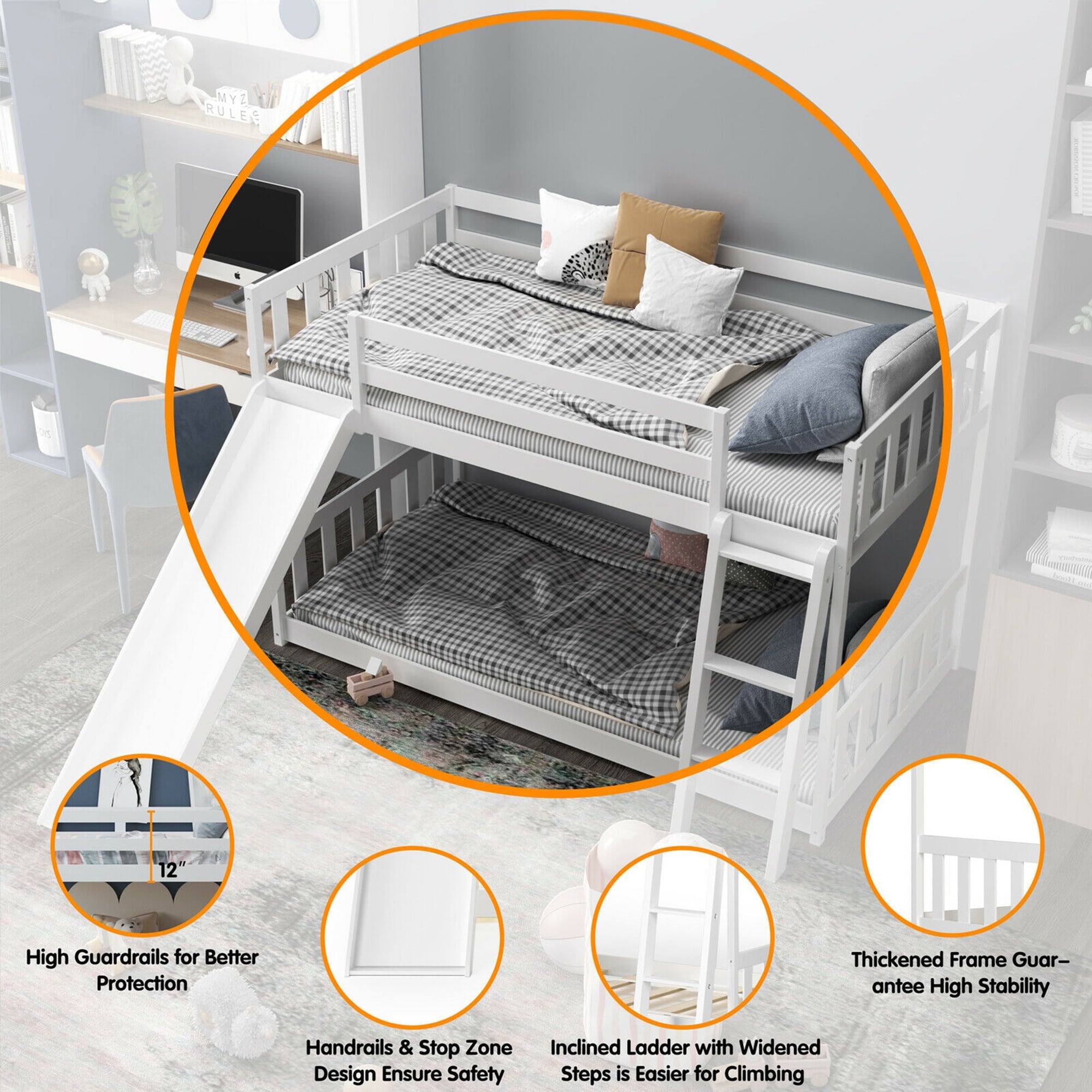 Gymax Twin over Twin Bunk Wooden Low Bed with Slide Ladder for Kids White