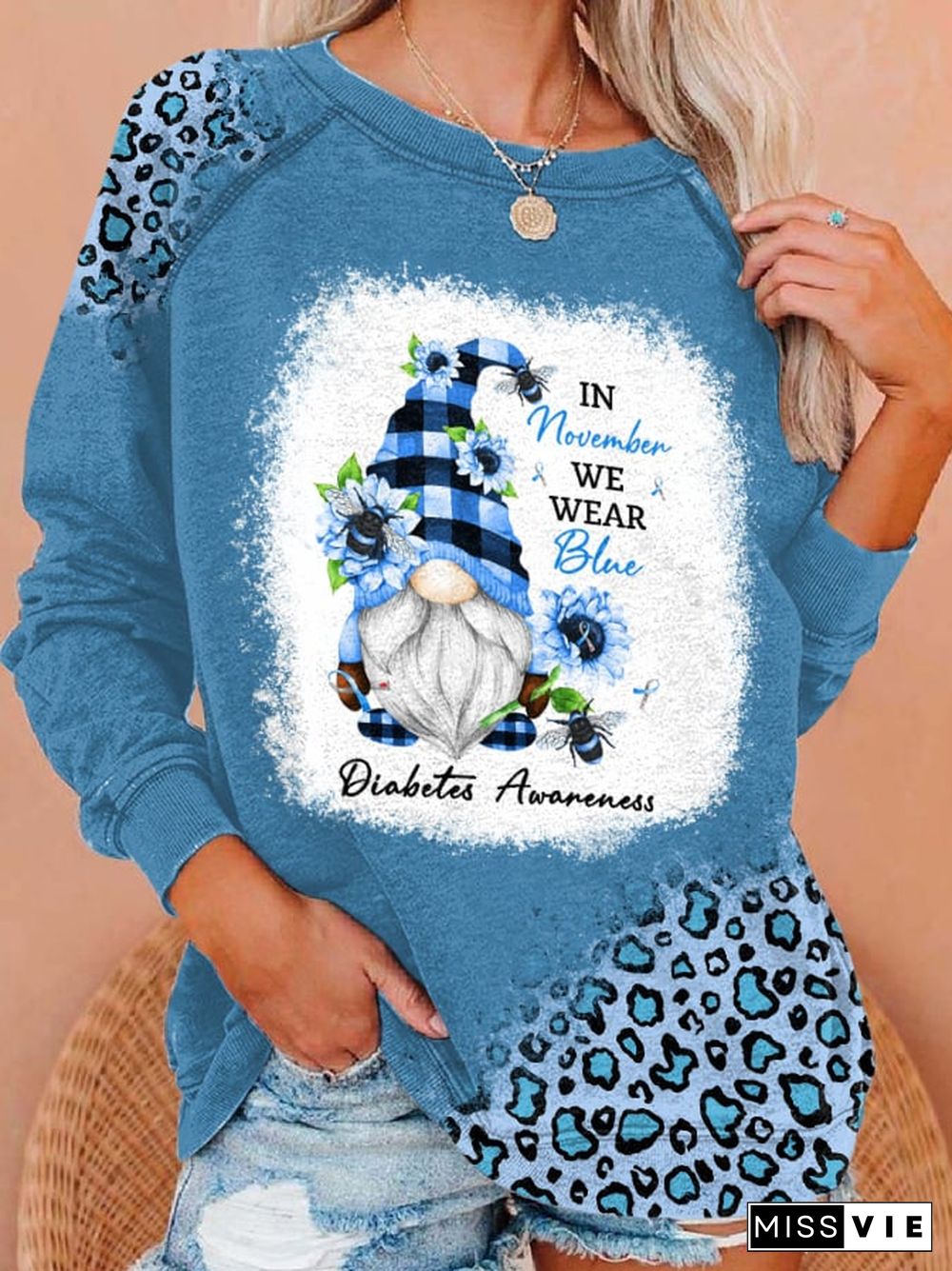 Retro Diabetes Awarenes In November We Wear Blue Gnome Print Sweatshirt