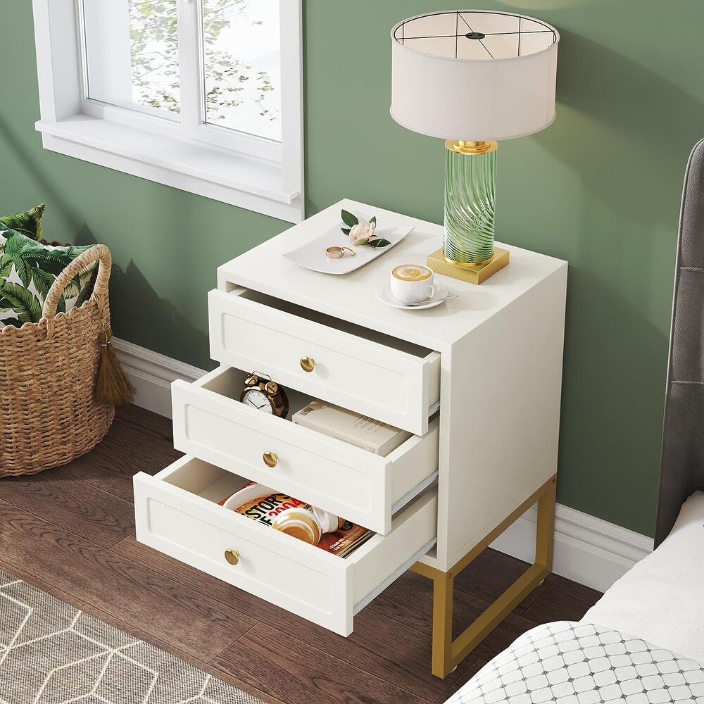 3 Drawer Nightstand  White Modern Sofa End Table  Woode for Bedroom