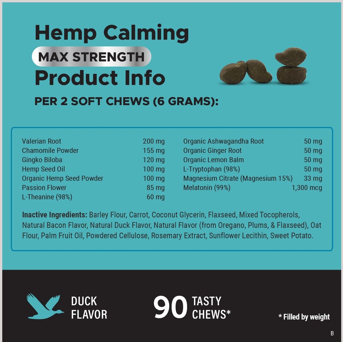 PetHonesty  Hemp Calming Max Strength Duck Flavored Soft Chews Calming Supplement for Dogs