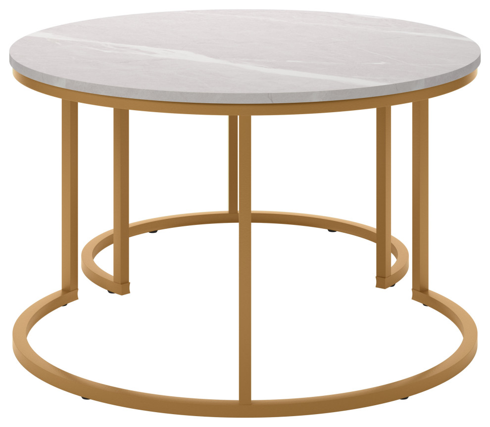 Fort Worth Gold Metal Leg Round Marbled Finish Nesting Coffee Tables   Contemporary   Coffee Table Sets   by CorLiving Distribution LLC  Houzz