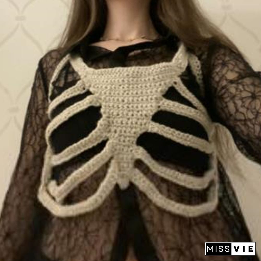 Skeleton Corset Crop Tops Y2K Gothic Clothes Crochet Hollow Out Tanks Women Summer Tee 2000S Aesthetic T Shirt Ropa Gotica Mujer