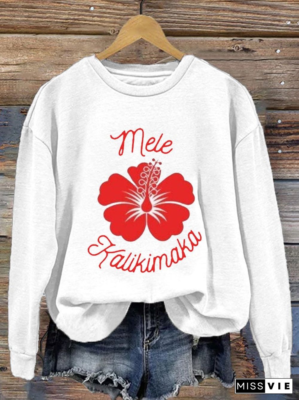 Women's Mele Kalikimaka Hawaiian Christmas Print Casual Long Sleeve Sweatshirt