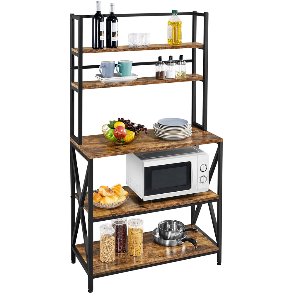 Yaheetech 5-Tier Baker's Rack Rustic Industrial Kitchen Storage Shelf Unit Microwave Stand with Adjustable Feet， Rustic Brown