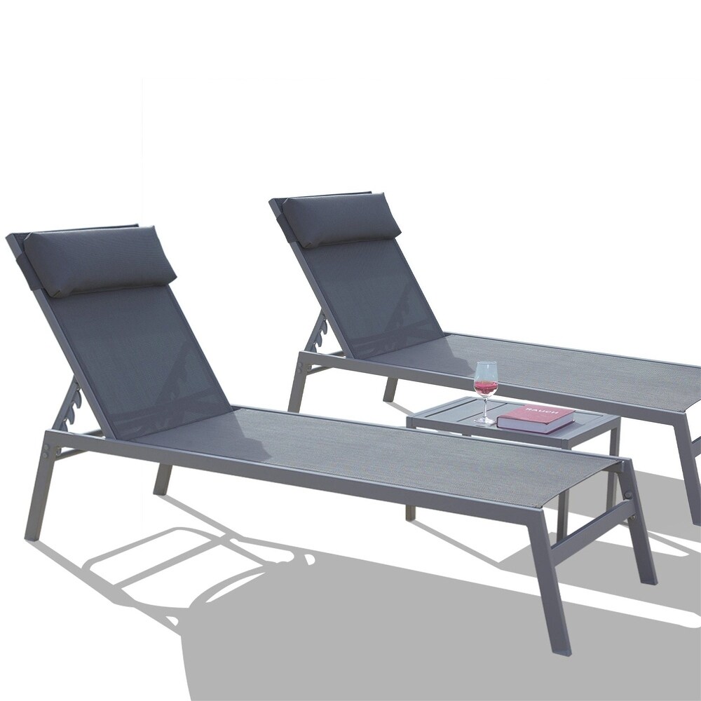 5 Adjustable Steel Outdoor 2 Chaise Lounge Chair with Pillow and 1 Table in Blue   N/A