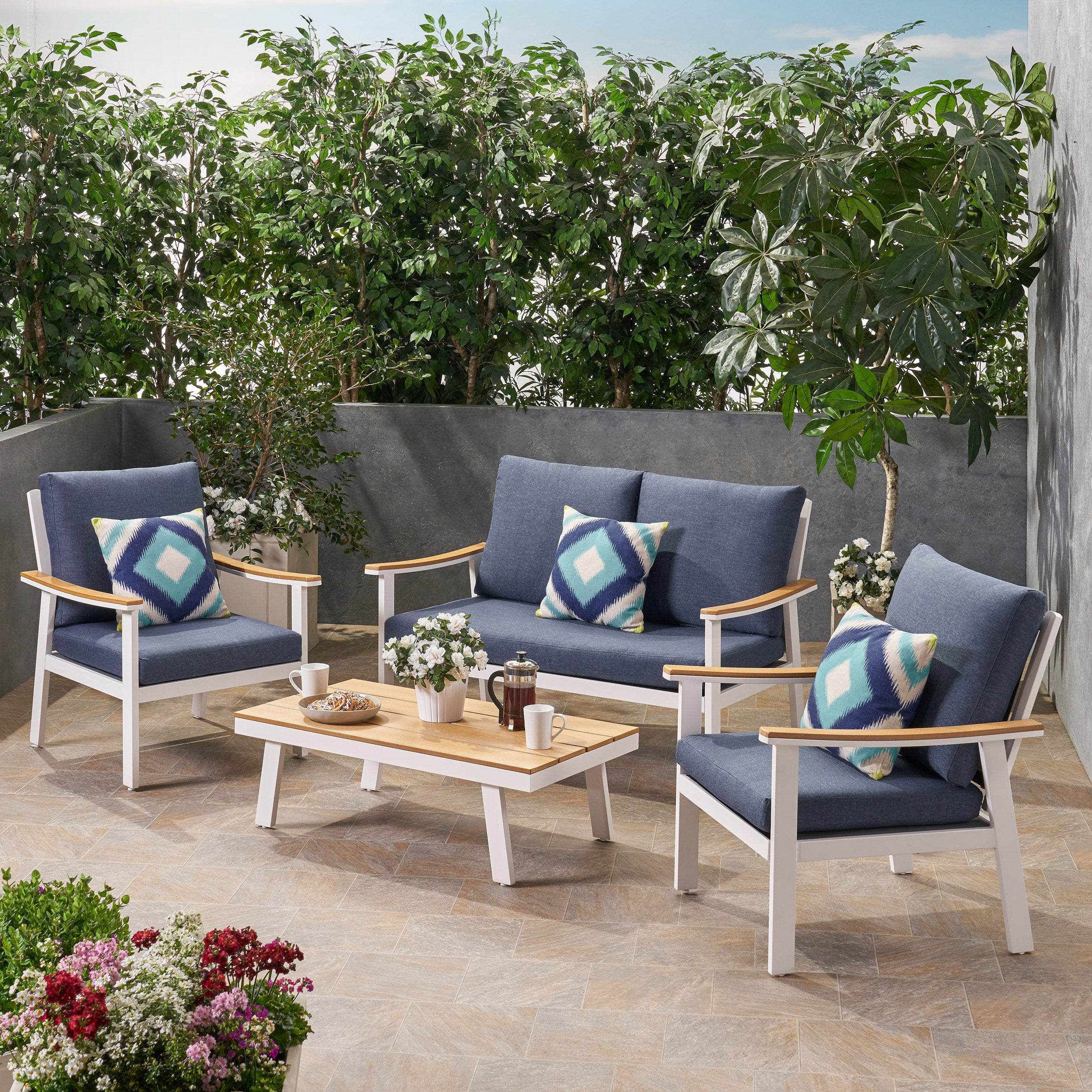 Mathias Outdoor 4 Piece Aluminum and Faux Wood Chat Set with Cushions