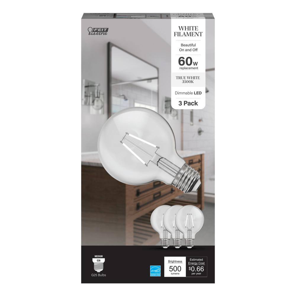 Feit Electric 60-Watt Equivalent G25 Dimmable White Filament CEC Clear Glass LED Globe Light Bulb True White 3500K (3-Pack) G2560935CAWFILHDRP3