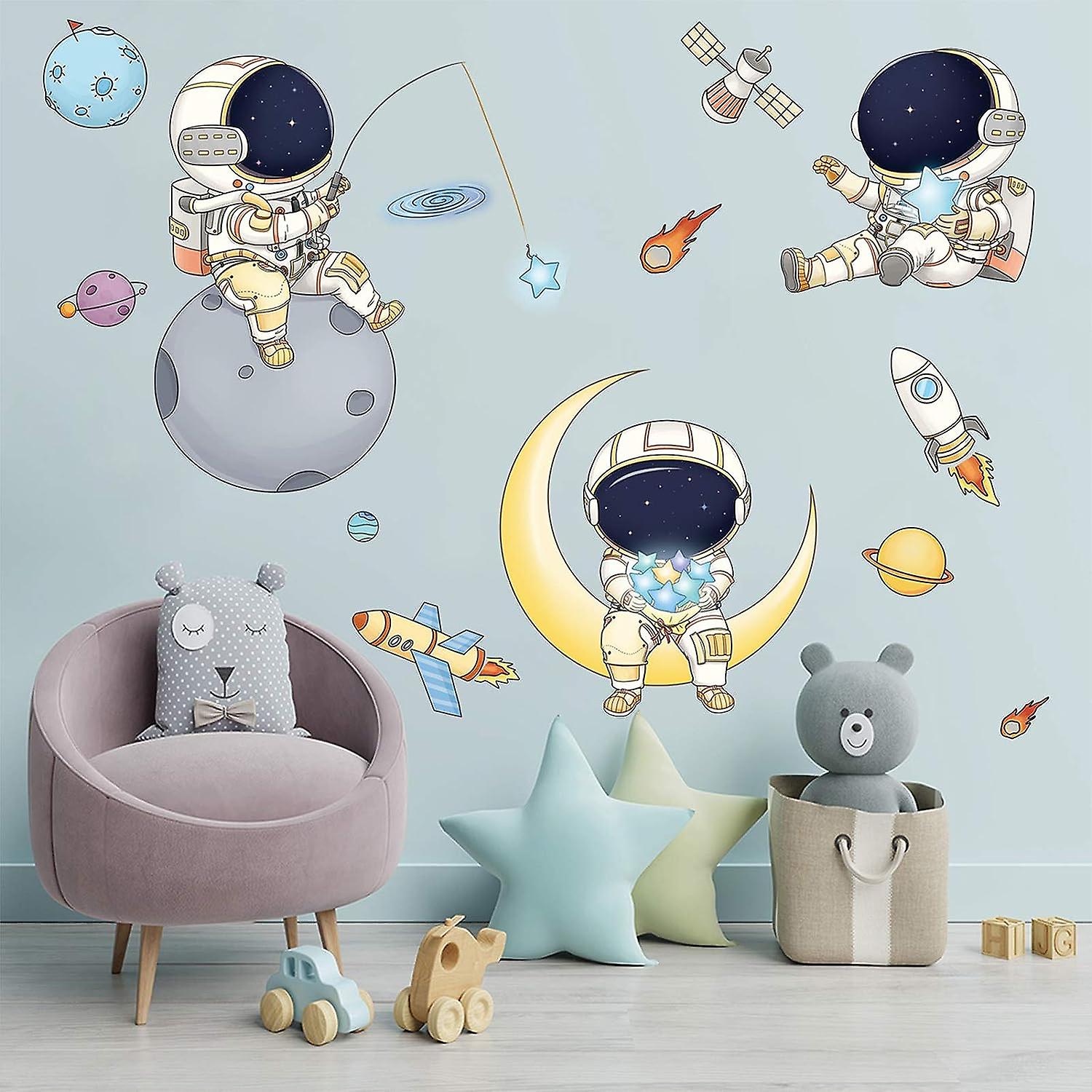 Astronaut Wall Stickers For Boys Bedroom， Cartoon Spaceman Outer Planet Creative Diy Art Vinyl Removable Wall Decal， Star Spaceship Ufo Glaxy Wallpape