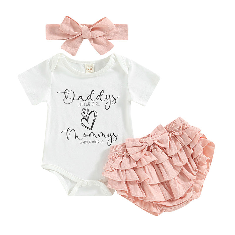 2023-02-14 Lioraitiin Baby Girl 3Pcs Father's Day Clothing Short Sleeve Round Neck Letters Print Bodysuit Tops Skirt Head Band