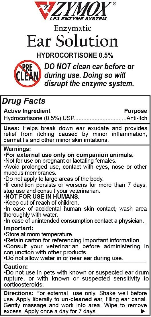 Zymox Ear Infection Solution with .5% Hydrocortisone for Dogs and Cats， 1.25-oz bottle