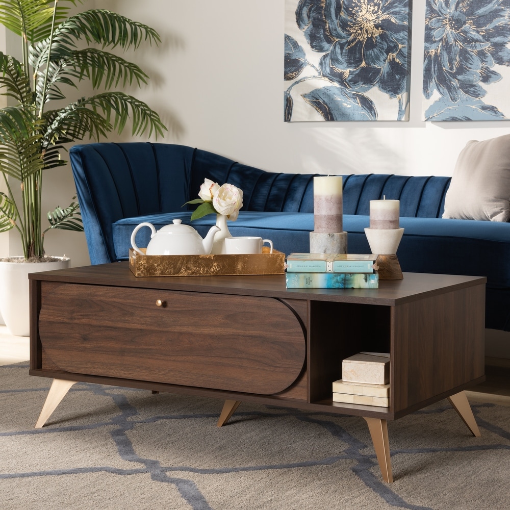 Edel Mid Century Walnut Brown and Gold Finished Wood Coffee Table