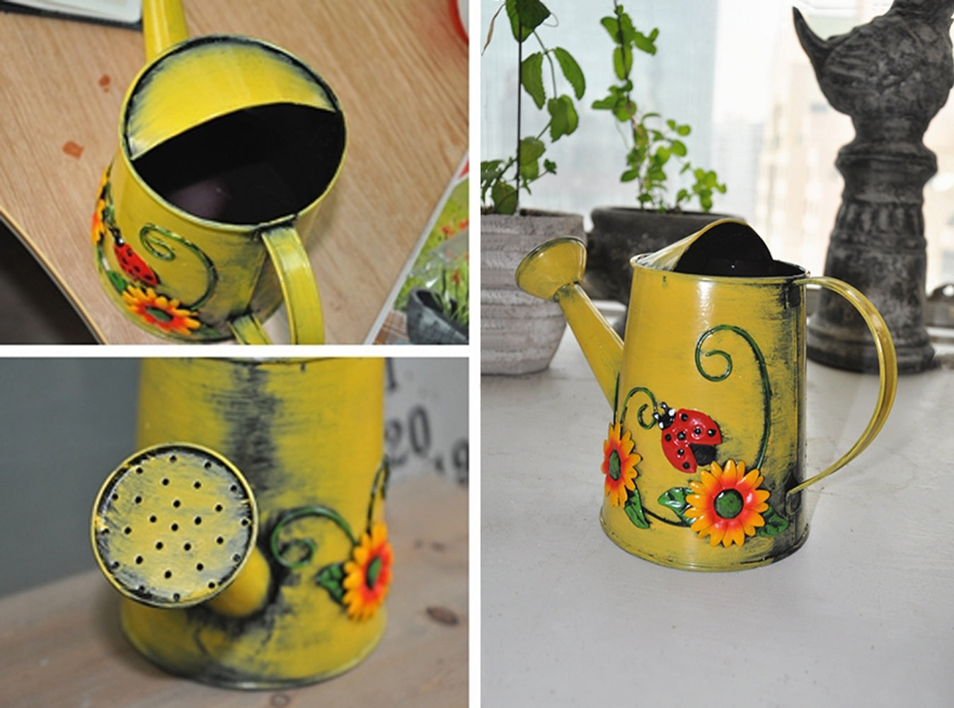 Westcharm Mother's Day Gift， Decorative Sunflower and Ladybug Metal Watering Can (Vol: 4 Cups)