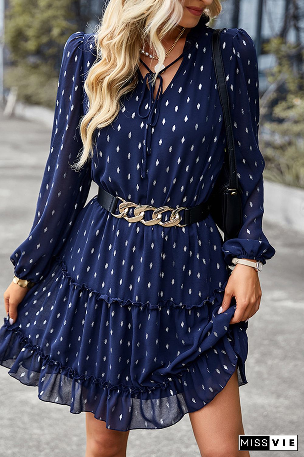 Foil Spot Print Front Tie V Neck Tiered Mini Dress