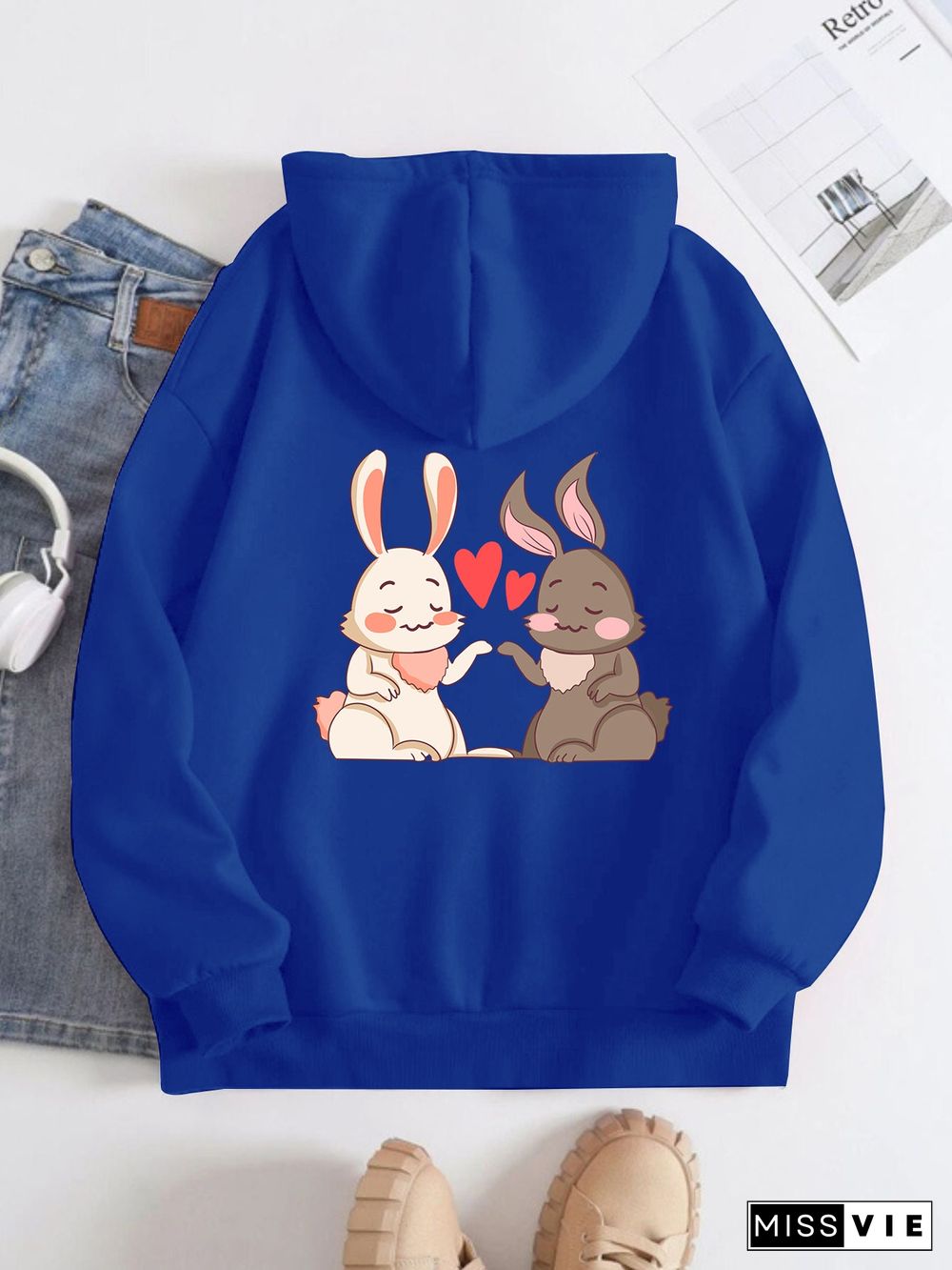 Printed on the Back Kangaroo Pocket Hoodie Long Sleeve for Women Pattern Rabbit in Love