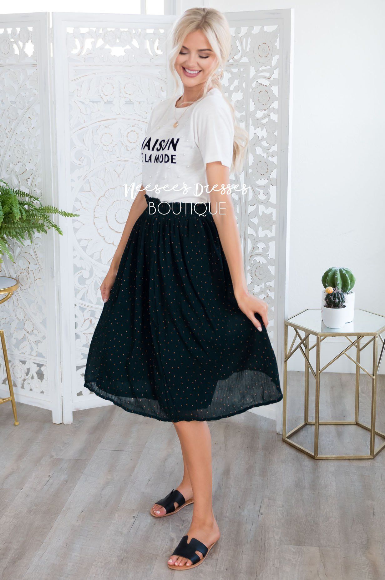 Dot Crepe Smocked Waist Skirt