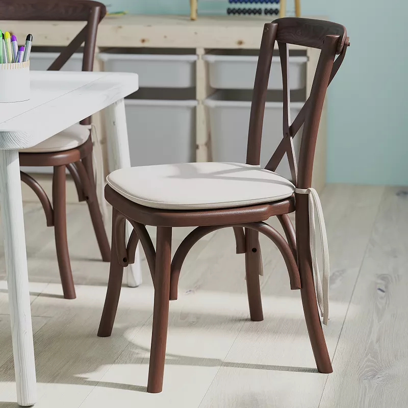 Merrick Lane Kid's Stackable Ash Wood Crossback Chair in a Mahogany Finish with Cushion and Plastic Floor Glides