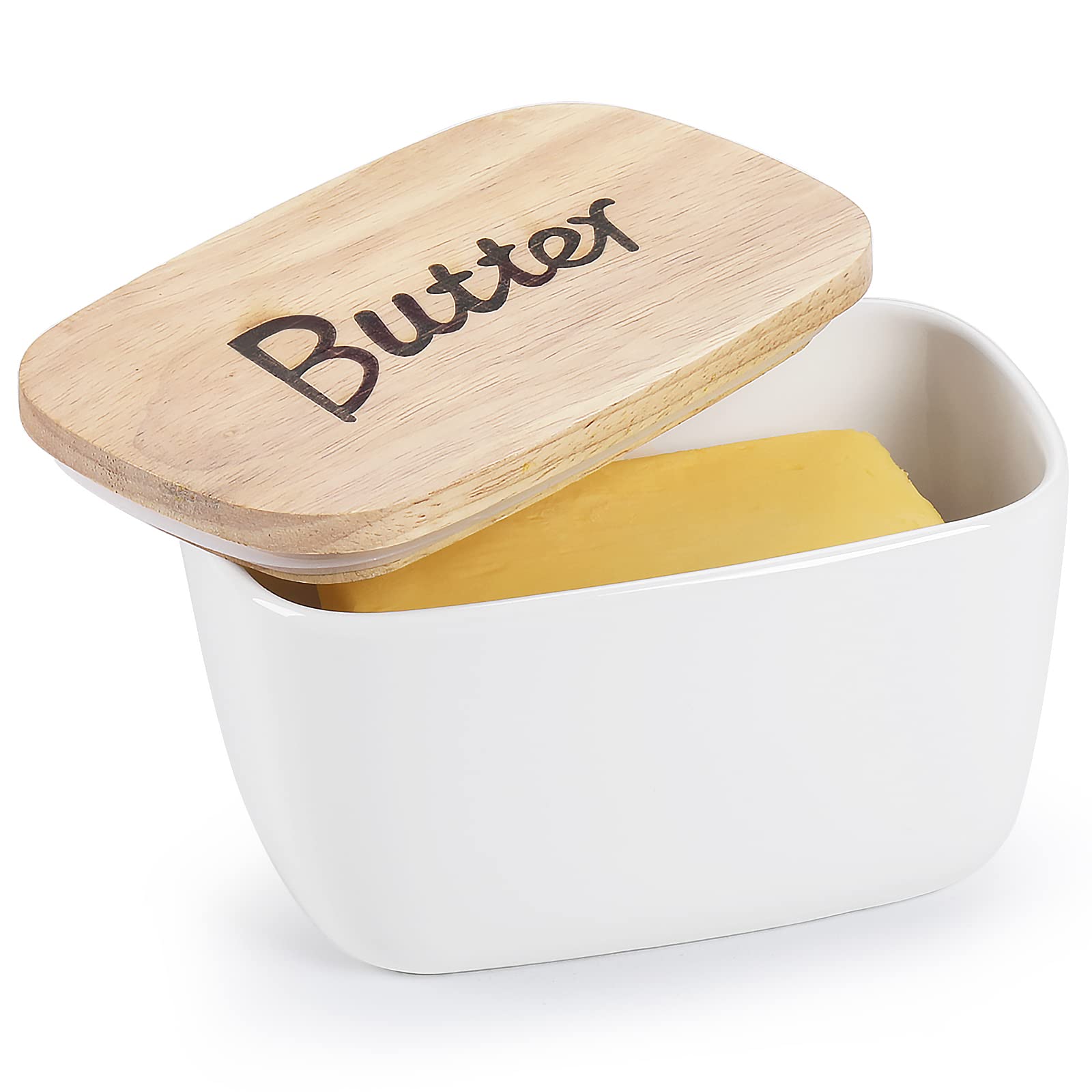 Butter Dish with Wooden Lid- Large Ceramics Covered Butter Holder for Countertop， Butter Keeper Container Perfect for Holds 4X 4oz West/East Coast Butter， White