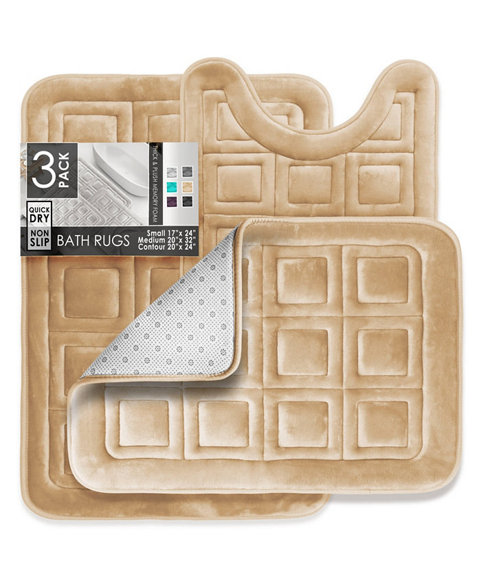 Clara Clark 3 Piece Ultra Soft Non-Slip Plush Memory Foam Bath Rug Set - Small Large and Contour - Waffle Design