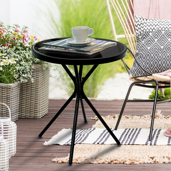 All Weather Outdoor Round Patio Table，Metal Bistro Table with Tempered Glass Tabletop，Compact Powder Coated Side Table，Black