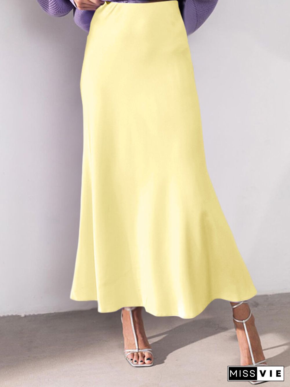 Solid Color Ruched Ankle Length High Waist Skirt