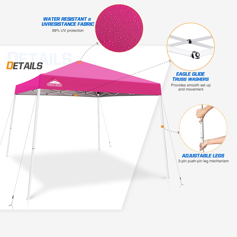 EAGLE PEAK 10' x 10' Slant Leg Pop-up Canopy Tent Easy One Person Setup Instant Outdoor Canopy Folding Shelter with 64 Square Feet of Shade (Pink)