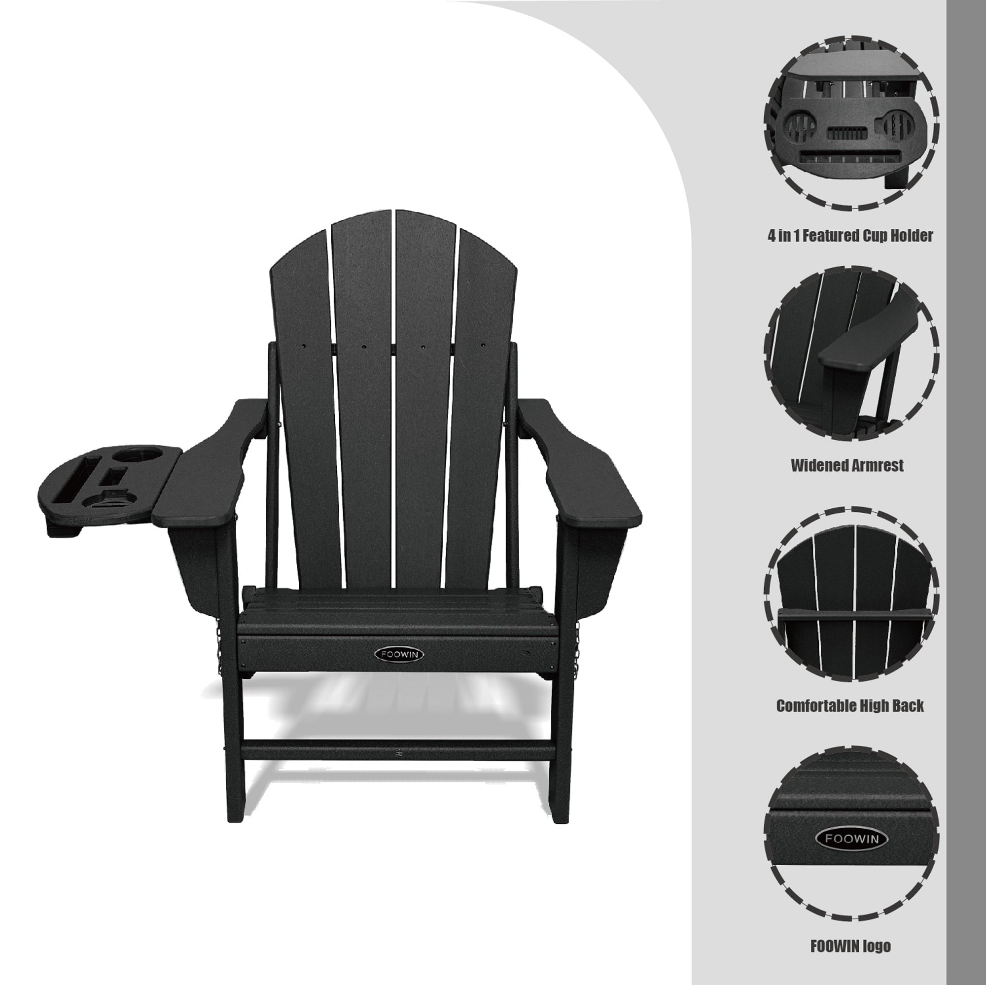 Folding Plastic Adirondack Chair with 4 in 1 Cup Holder Tray Plastic Adirondack Chairs Weather Resistant Lawn Outdoor Firepit Chairs, Black