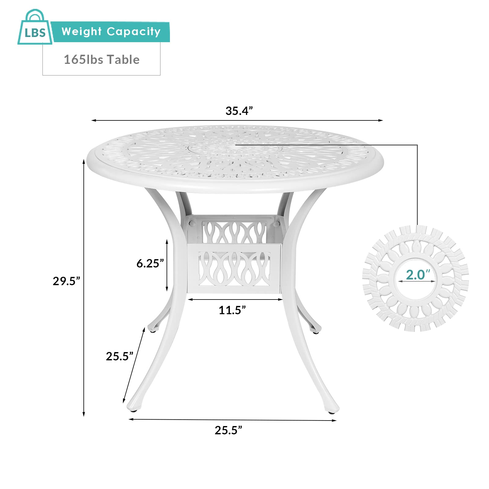 MEETWARM 35.4" Round Patio Dinning Table, Outdoor Cast Aluminum Dinning Table with 2" Umbrella Hole, White