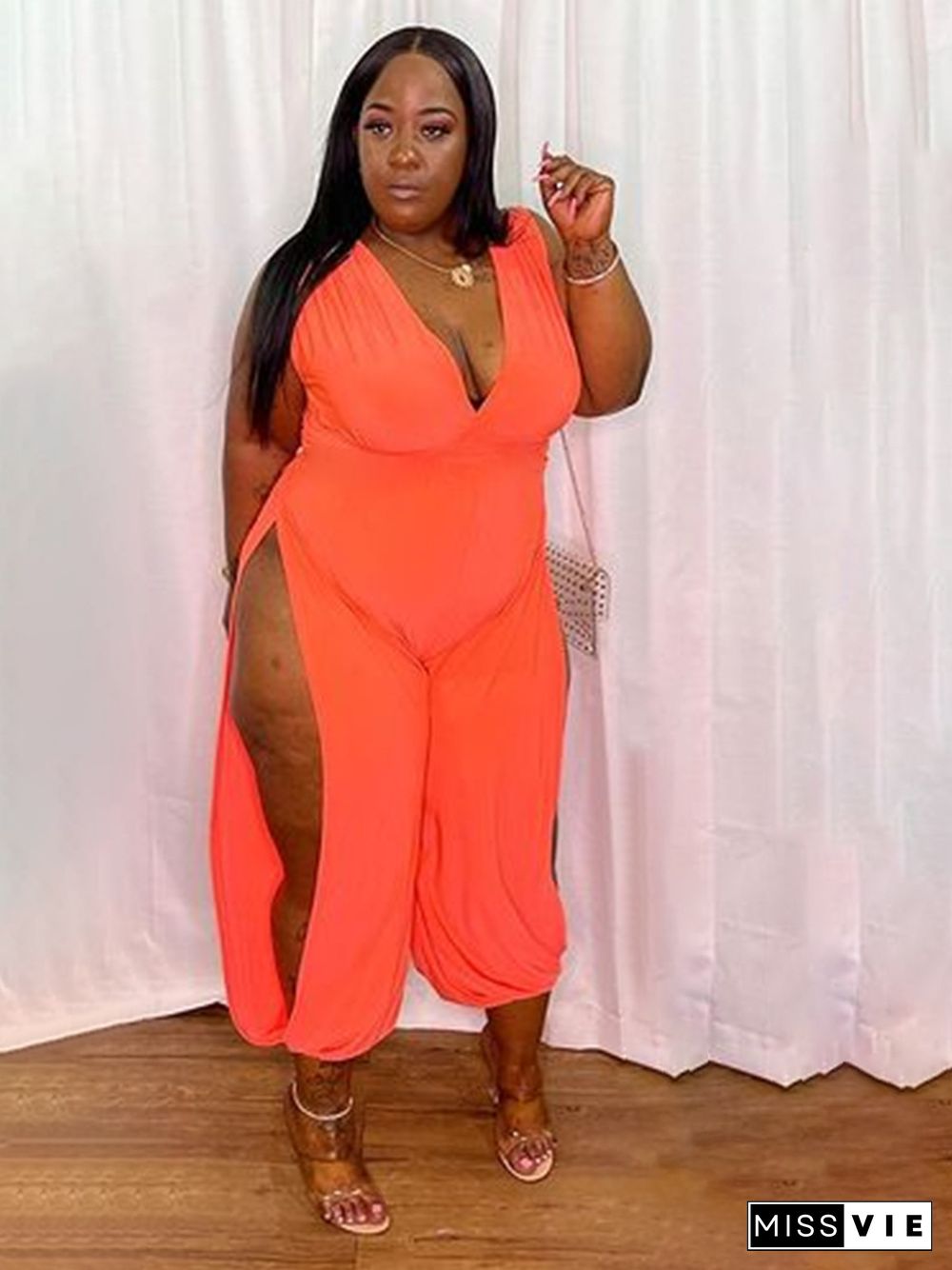 Plus Size Women Deep V Neck Solid Color Sleeveless High Waist Side Slit Loose Streetwear Baggy Jumpsuit