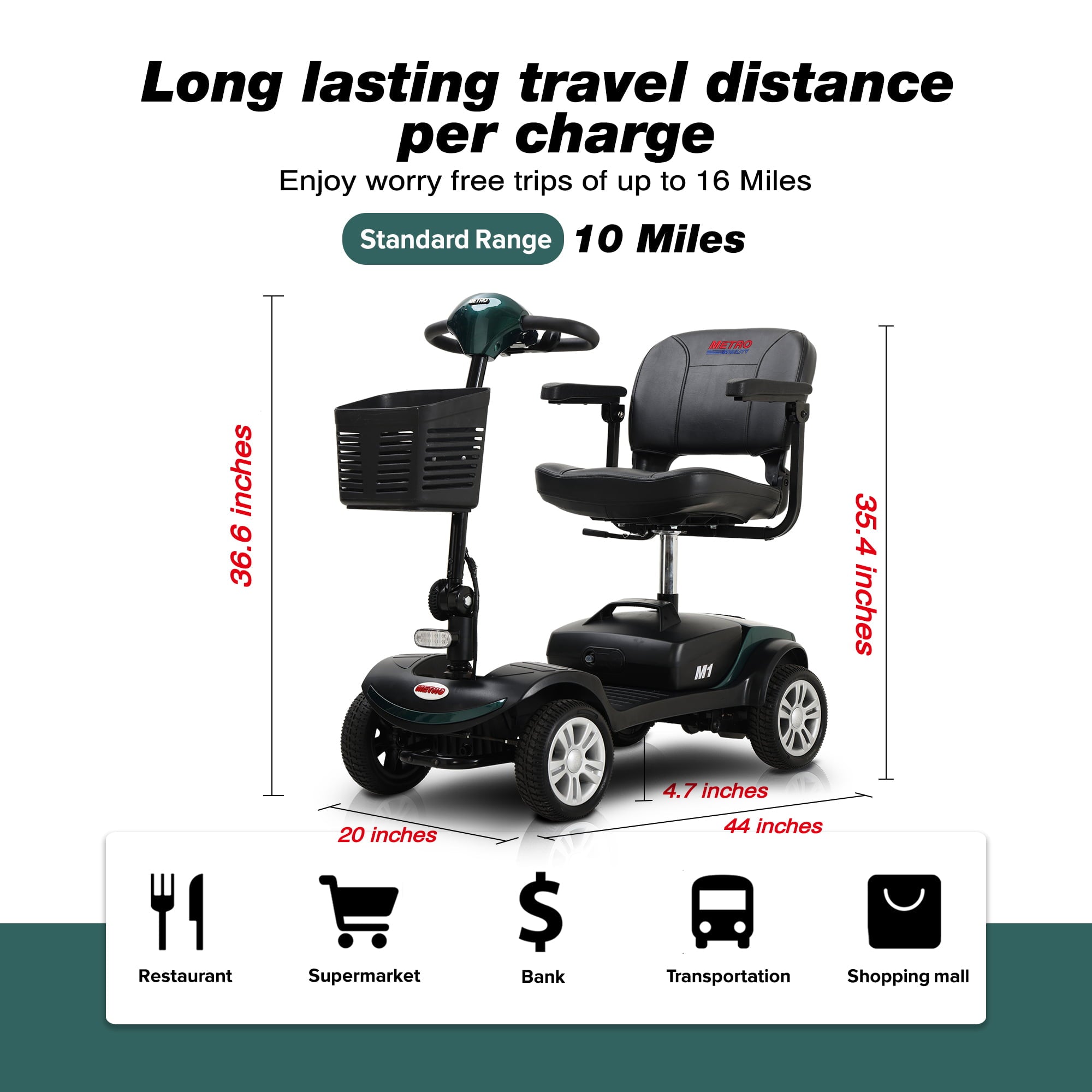 Folding 4 Wheels Compact Travel Mobility Scooter with Led Light 300W, Electric Powered Wheelchair Device Motor for Adult Elderly -300lbs, Power Extended Battery with Charger and Basket, Emerald