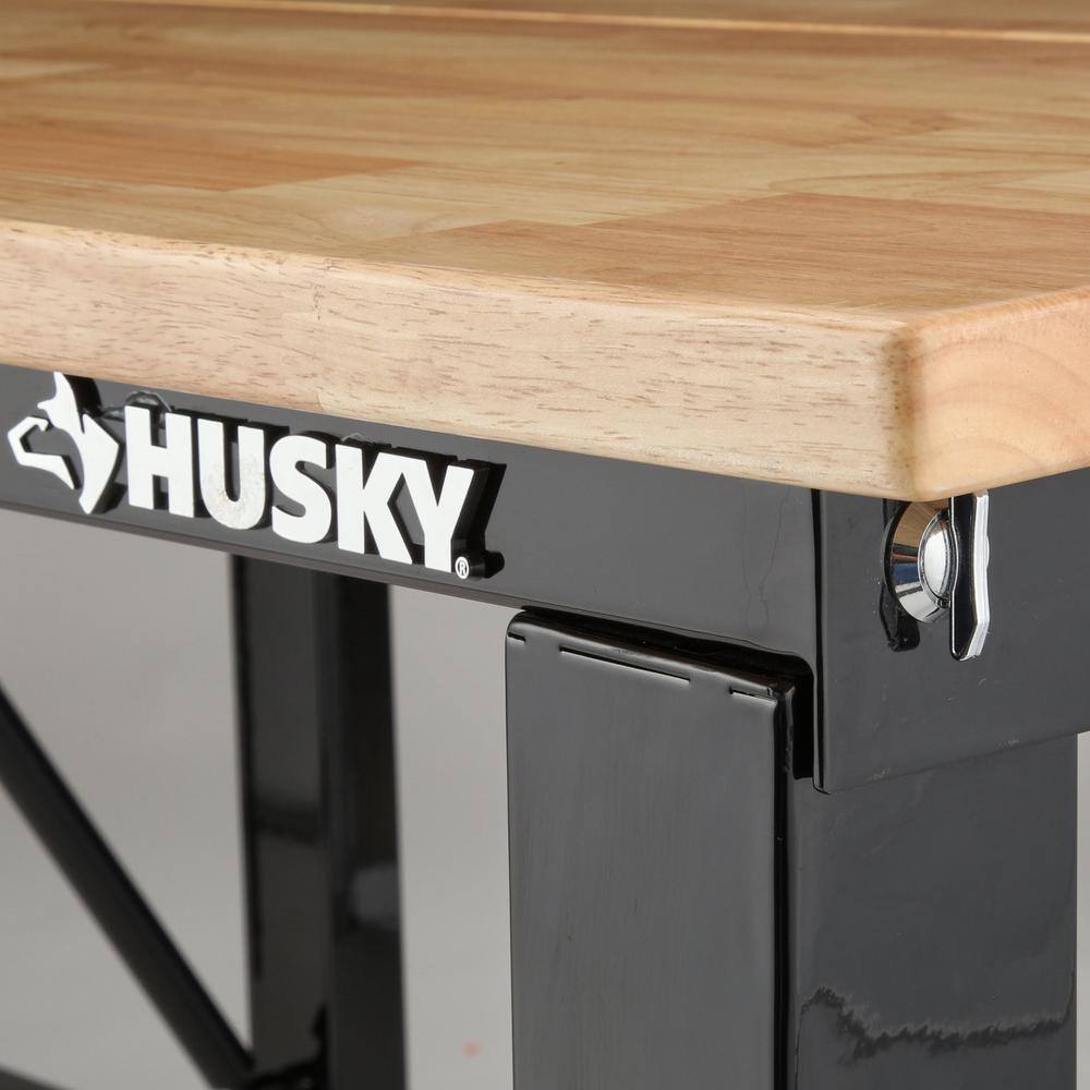 Husky Ready-To-Assemble 6 ft. Folding Adjustable Height Solid Wood Top Workbench in Black WSH72FWB