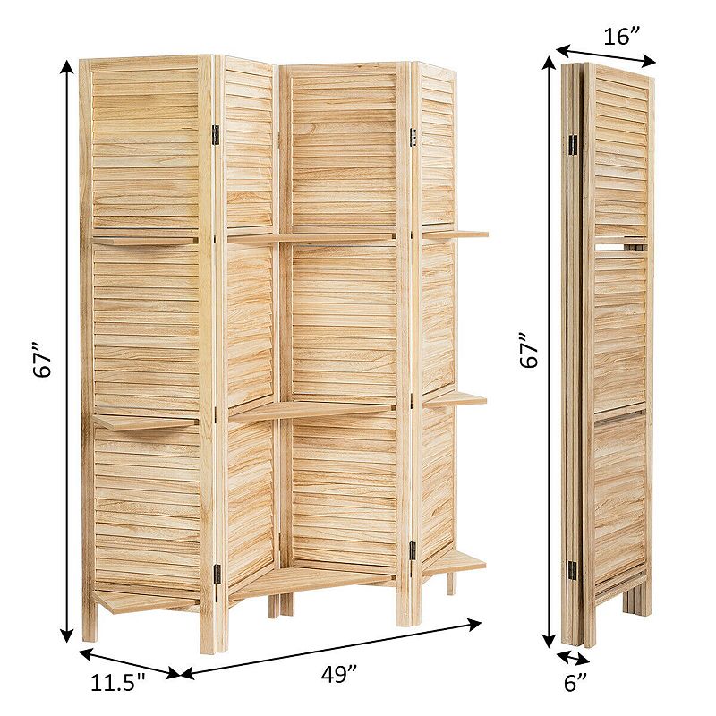 4 Panel Folding Room Divider Screen with 3 Display Shelves