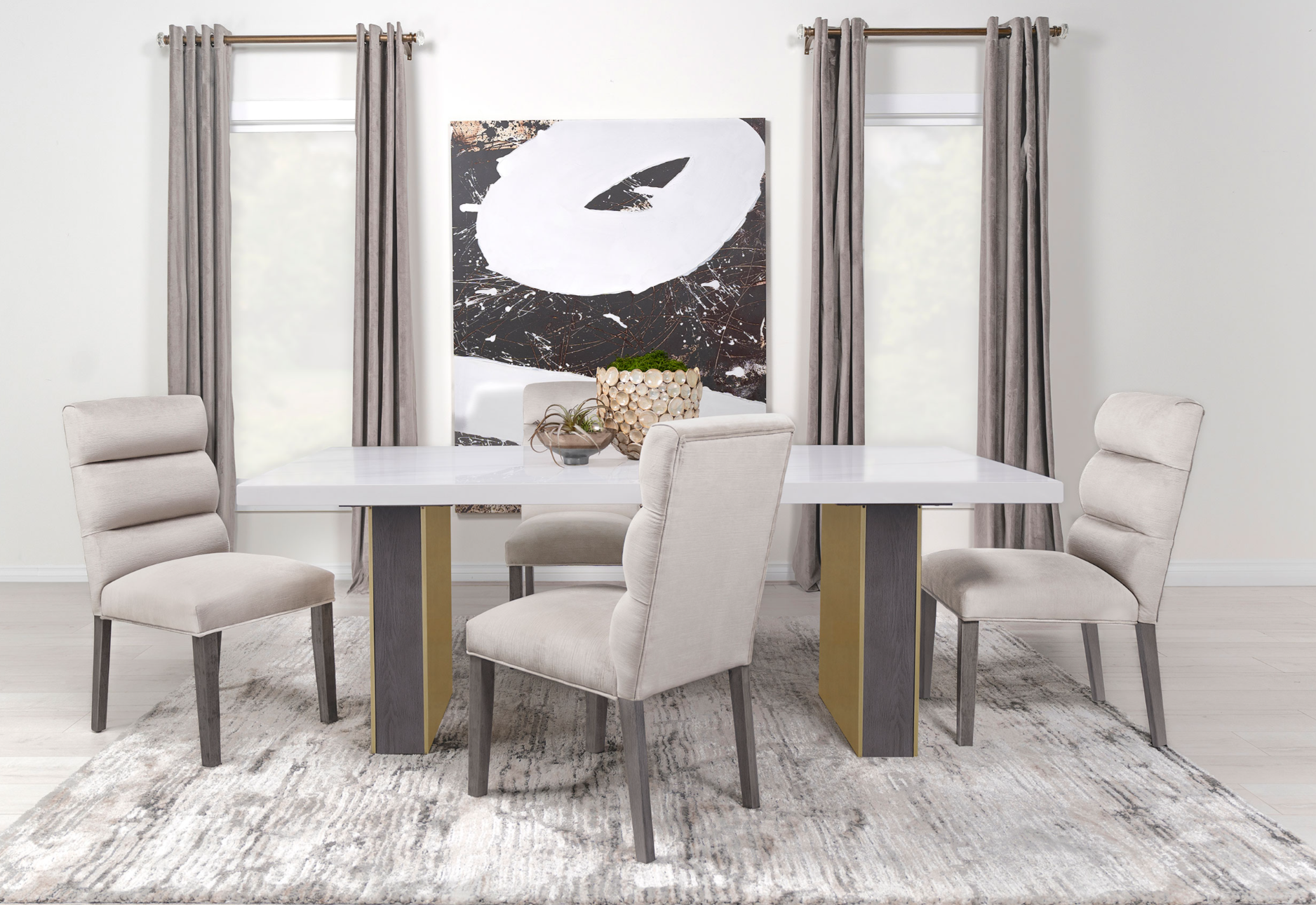 5 Pcs  Carla  Dining  With Cultured Carrara Marble Top White And Gold