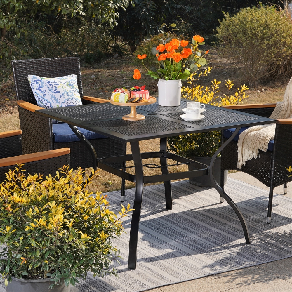 PHI VILLA 5 Piece Square Steel Table   Textilene Reclining Folding Sling Chair Patio Dining Sets