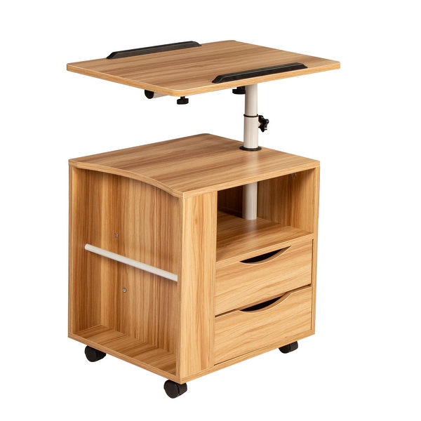 Movable End Table with Height Adjustable Swivel Top and 2 Drawers， Wood End Table with Open Shelf and Q-Type Clip