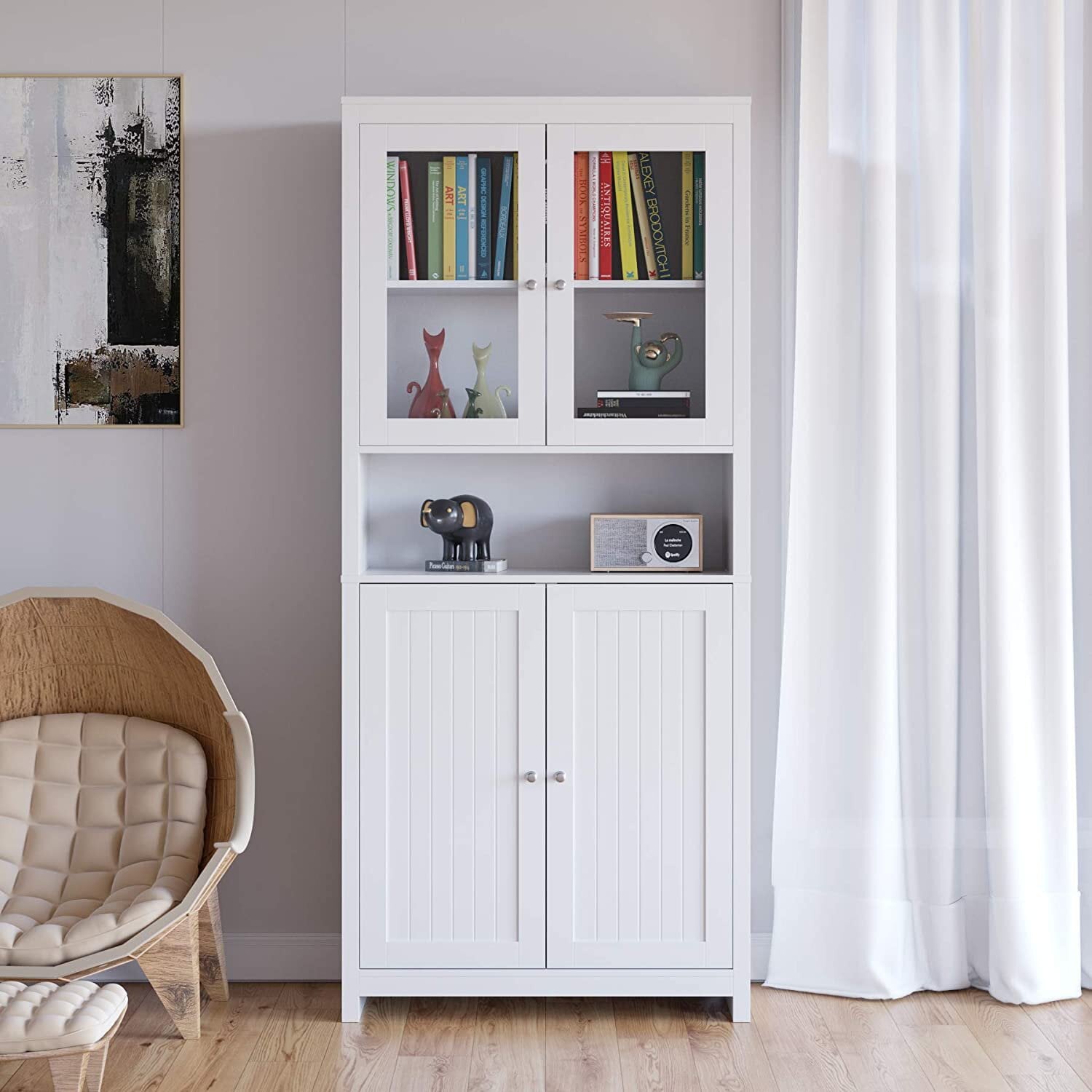 Homfa Standard Bookcase with Doors, Kitchen Hutch Cabinet, 74.6 H 5 Tiers Tall Bookshelf with Glass Doors, White